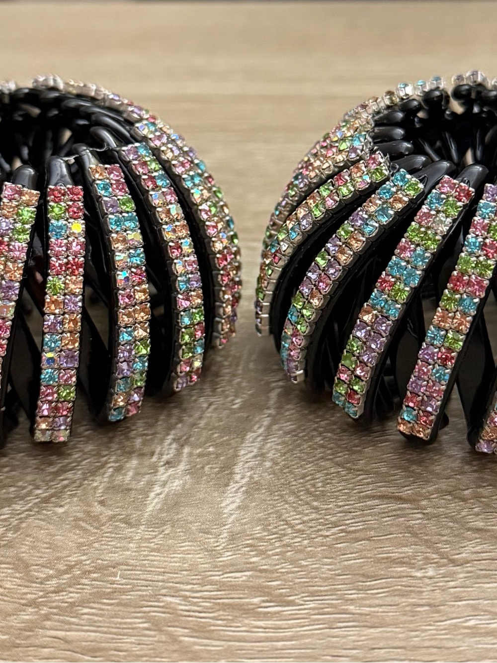 Rainbow Rhinestone Stretch Hair Claw Clips Pair New